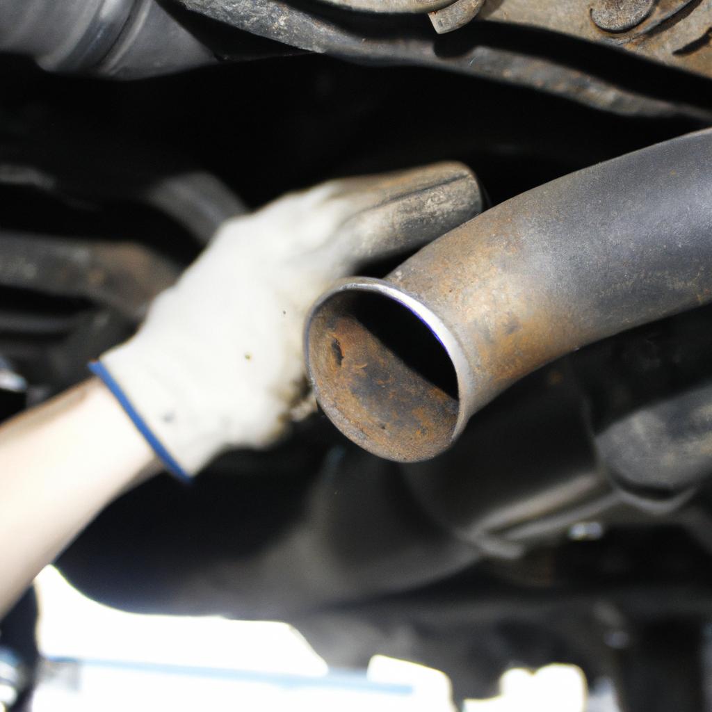 Person repairing car exhaust system