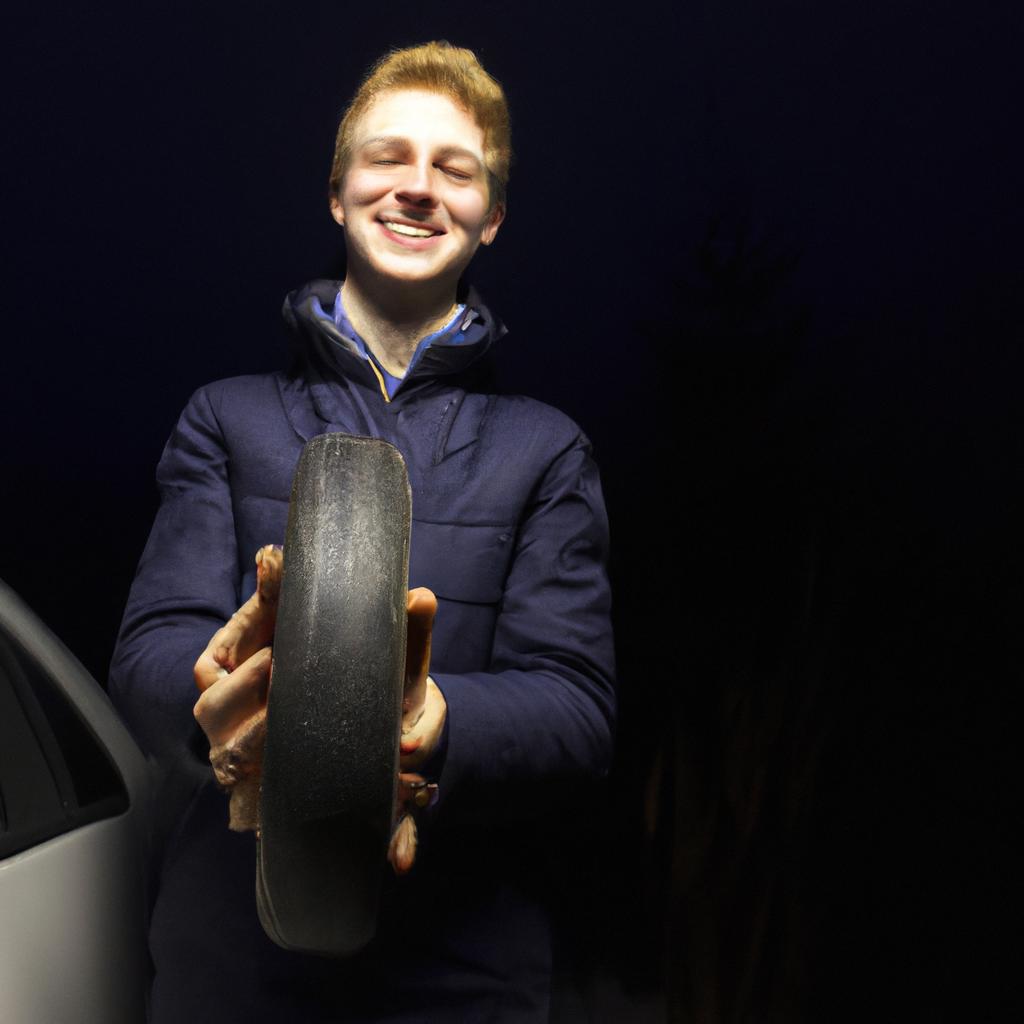 Person holding car wheel, smiling
